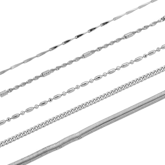 5er-Set Halsketten, ca. 45 cm + 5 cm Extender, Nickelfreies Messing Silberfarben