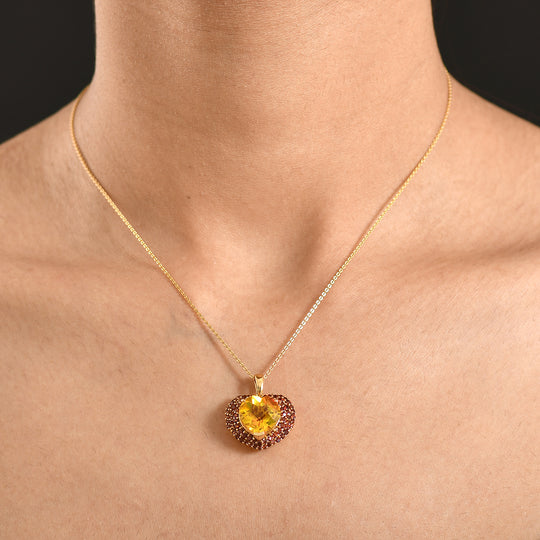 D'Joy - Sonnenfeuer-Herz-Design Sphaleros Quarz-Triplette, Mosambik Granat Anhänger mit Kette, ca. 50 cm 925 Silber 750 Gelbgold Vermeil ca. 7.98 ct