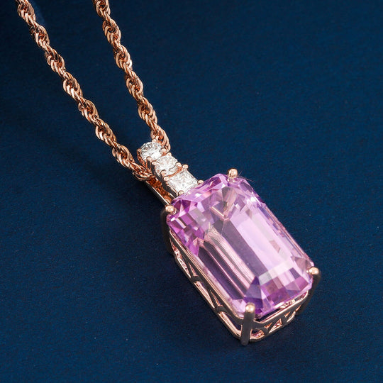 AAA Martha Rocha Kunzite, Lab Grown Diamant Anhänger mit Kette ca. 45 cm, AGI zertifiziert und geprüft, 417 Rosa Gold ca. 14.00 ct