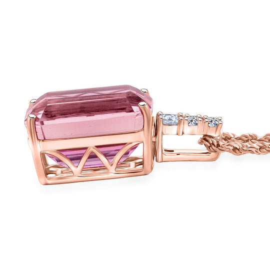 AAA Martha Rocha Kunzite, Lab Grown Diamant Anhänger mit Kette ca. 45 cm, AGI zertifiziert und geprüft, 417 Rosa Gold ca. 14.00 ct