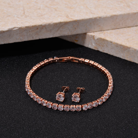 2er Set- Weißer Zirkonia Armband und Ohrringe, Nickelfreies Messing rosévergoldet