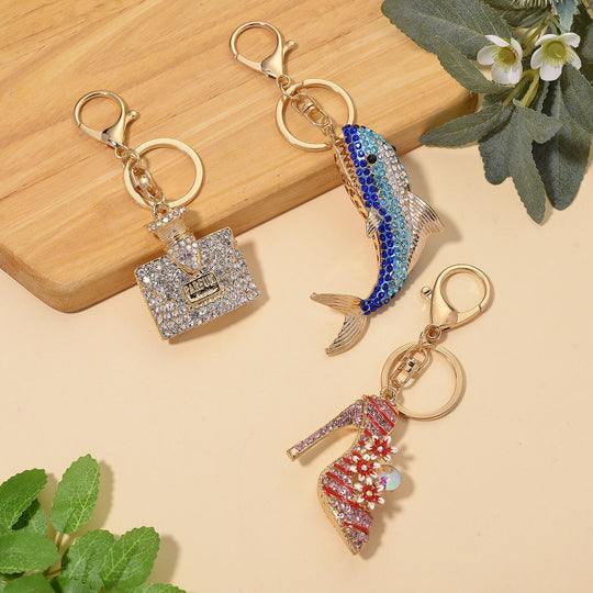 3er Set Fashion Schlüsselanhänger mit Kristallbesatz, emaillierte Legierung, Gelbgoldfarben