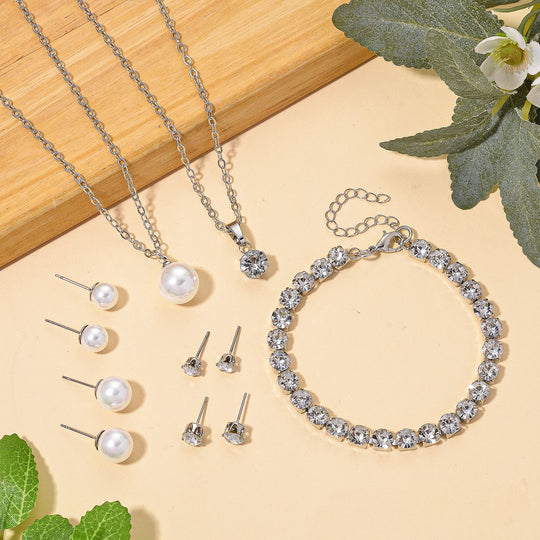 Weiße Muschelkernperle (8-12 mm), Weißer Kristall Schmuckset 316L Edelstahl, Nickelfreies Messing