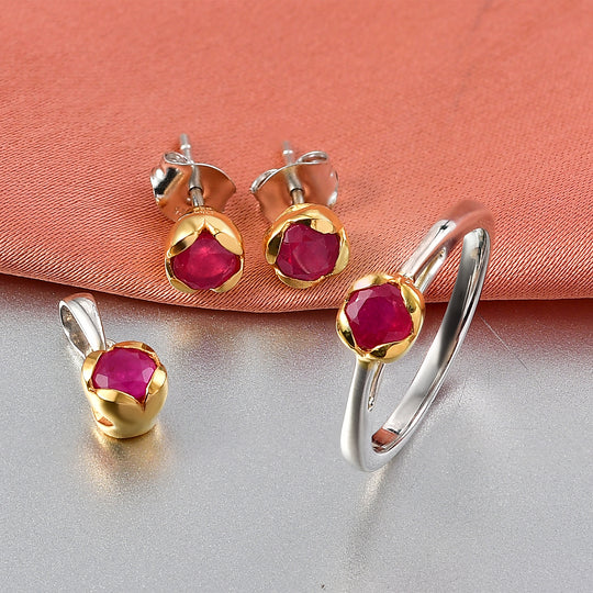 D'Joy Afrikanischer Rubin (Fissure gefüllt) Schmuckset 925 Silber platiniert und vergoldet (Größe 21) ca. 2,28 ct.