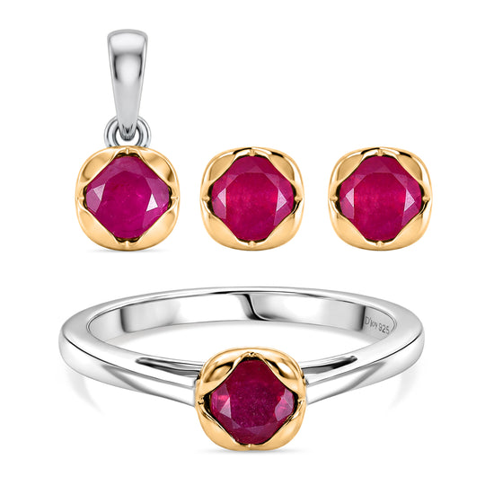 D'Joy Afrikanischer Rubin (Fissure gefüllt) Schmuckset 925 Silber platiniert und vergoldet (Größe 21) ca. 2,28 ct.