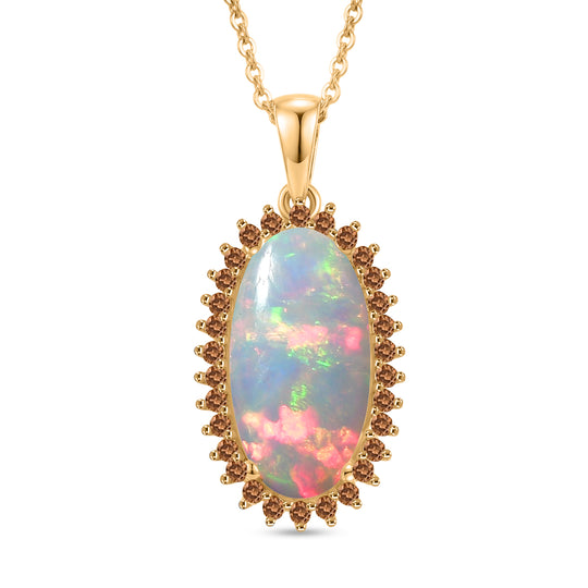 LUXURIANT - AAA Natürlicher, äthiopischer Welo Opal, Lab Grown Grüner Diamant Schmuckset ca. 50 cm 925 Silber 750 Gelbgold vermeil ca. 3.83 ct