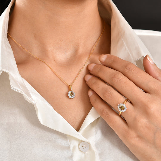 D'Joy AA Natürlicher goldener Tansanit Schmuckset 925 Silber 750 Gelbgold Vermeil (Größe 19) ca. 1,53 ct.