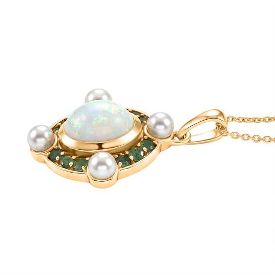 D'Joy Natürlicher, äthiopischer Welo Opal, Perle (4 mm) Schmuckset ca. 50 cm 925 Silber 750 Gelbgold Vermeil