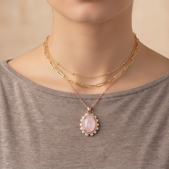 D'Joy AA Rosa Opal, Süßwasser Perle (3mm) Anhänger mit Kette, ca. 50 cm 925 Silber 750 Roségold Vermeil