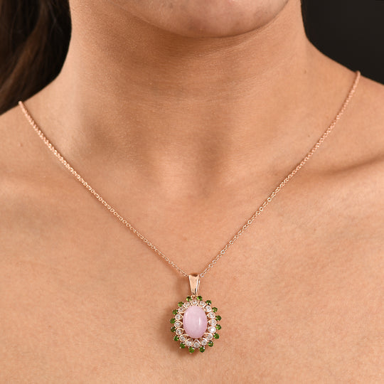 EVER TRUE Kunzit, Natürlicher Chromdiopsid Anhänger, Roségoldfarben nickelfreies Messing, 316L Edelstahlkette 50 cm ca. 8.02 ct