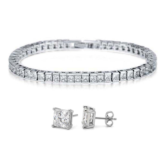 2er Set- Weißer Zirkonia Armband und Ohrringe, Nickelfreies Messing, goldfarben