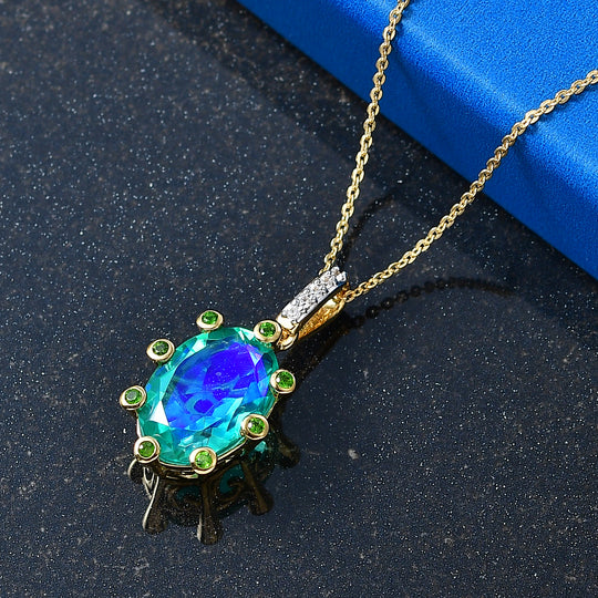 D'Joy Pfau Quarz Triplette, Natürlicher Chromdiopsid Schmuckset ca. 50 cm 925 Silber 750 Gelbgold vermeil ca. 6,56 ct.