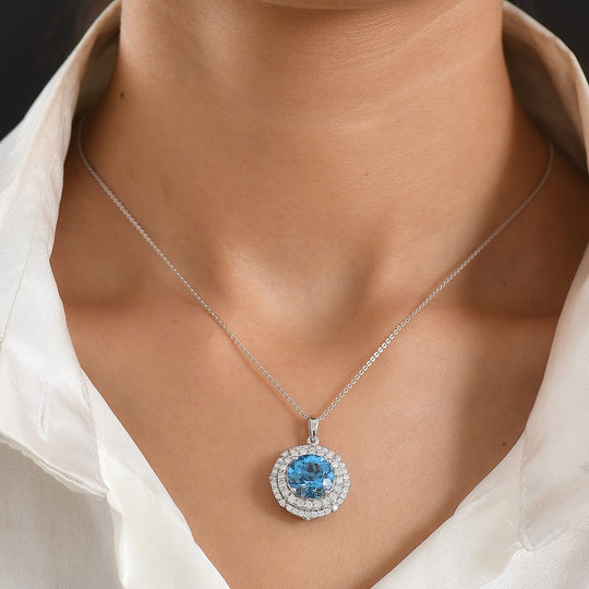 D'Joy AA Schweizer Blautopas, Moissanit AGI zertifiziert Schmuckset ca. 50 cm 925 Silber Rhodiniert ca. 7,82 ct.