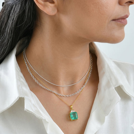 D'Joy Smaragd-Quarz Triplette, Weißer Topas Schmuckset ca. 50 cm 925 Silber 750 Gelbgold vermeil ca. 9.21 ct