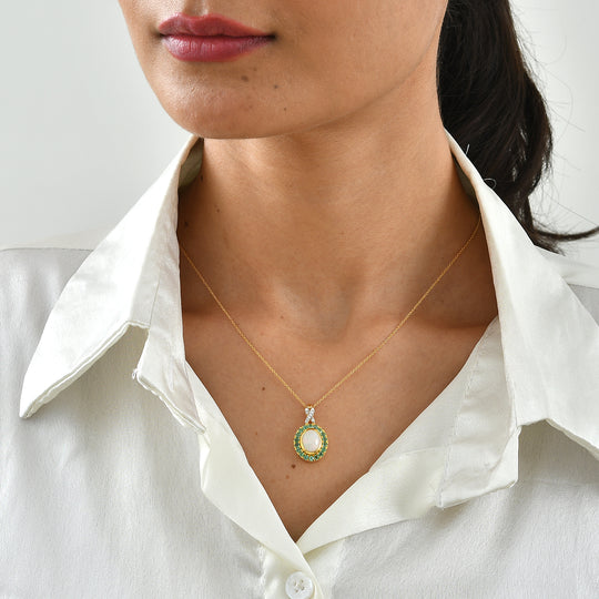 D'Joy AAA Natürlicher, äthiopischer Welo Opal, Moissanit Schmuckset ca. 50 cm 925 Silber 585 Vergoldet ca. 2.32 ct