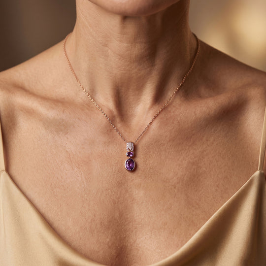 D'Joy AAA Rose De France Amethyst und Zirkon Anhänger mit 50cm Kette, 925 Silber rosévergoldet - 3,05 ct.