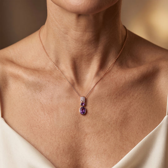 D'Joy AAA Rose De France Amethyst und Zirkon Anhänger mit 50cm Kette, 925 Silber rosévergoldet - 3,05 ct.