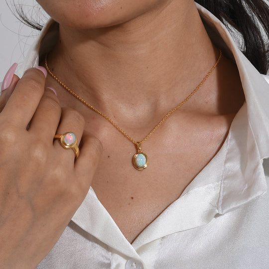 2er Set - EVER TRUE AA Natürlicher, äthiopischer Welo Opal Anhänger mit Kette und Ring, ca. 50 cm (Größe 20.00) vergoldet, ca. 2.50 ct