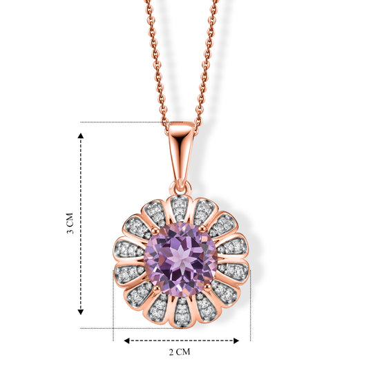 D'Joy Rose De France Amethyst und Zirkon floraler Halo Anhänger mit 50cm Kette, 925 Silber 750 Roségold Vermeil - 3,98 ct.