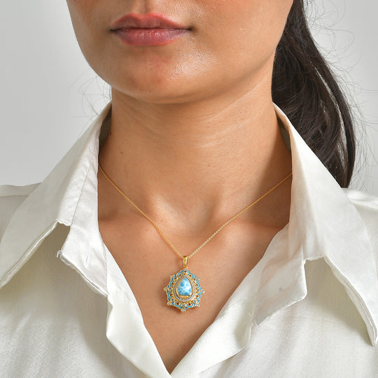 D'Joy AAA Larimar, Schweizer Blautopas Schmuckset ca. 50 cm 925 Silber 750 Gelbgold vermeil ca. 4,85 ct.