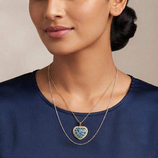 EverTrue AA Batroke blauer Apatit und Zirkon Anhänger mit 50cm Edelstahl Kette, Bronze mit Gelbgold E-Beschichtung - 3,78 ct.