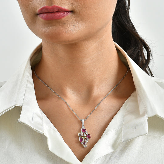 EverTrue AA afrikanischer Rubin, Rhodolith Granat und Chromdiopsid Anhänger mit 50cm Edelstahl Kette, Bronze mit Platin E-Beschichtung - 2,71 ct.