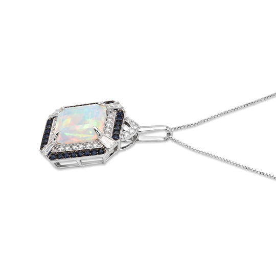 D'Joy AA natürlicher, äthiopischer Welo Opal, Moissanit und Ceylon Saphir Halo Anhänger mit 45cm Kette, 925 Silber rhodiniert - 3,34 ct.