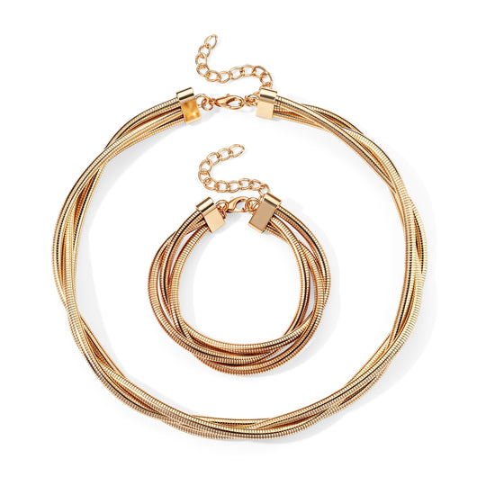 2er Set Halskette und Armband im mehrreihigen Twisted-Design, goldfarben