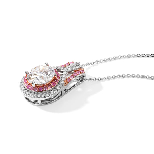 D'Joy Moissanit und rosa Saphir Anhänger mit 50cm Kette, 925 Silber rhodiniert und 750 Roségold Vermeil - 3,23 ct.