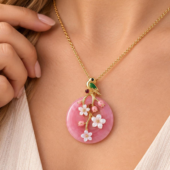 JARDIN KOLLEKTION D'Joy gefärbter rosa Jade, roter Granat und schwarzer Spinell Anhänger mit 45cm Kette, 925 Silber vergoldet - 32,32 ct.