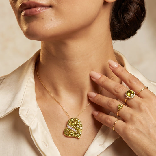 D'Joy Peridot Arizona, Weißer Zirkon Schmuckset ca. 50 cm 925 Silber 750 Gelbgold vermeil ca. 8,52 ct.