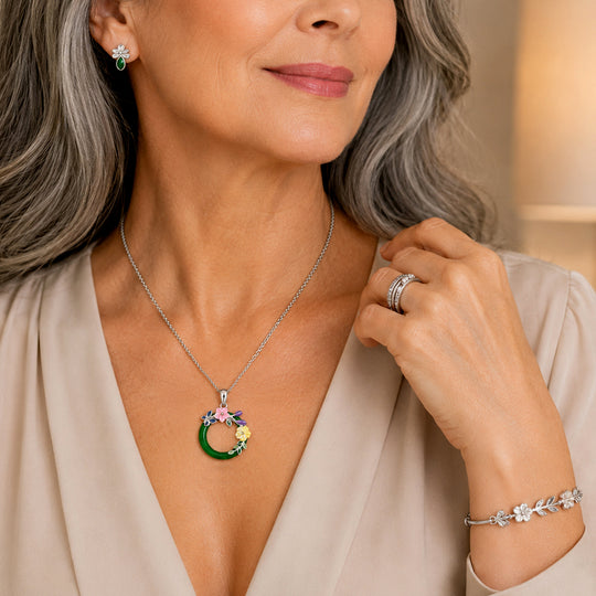 JARDIN KOLLEKTION D'Joy gefärbte grüne Jade, rosa und gelbe Perlmutt Anhänger mit 45cm Kette, 925 Silber rhodiniert - 6,35 ct.