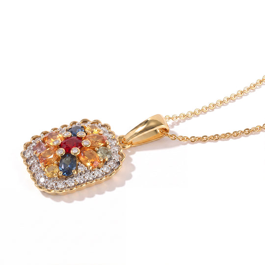 D'Joy mehrfarbiger Saphir und Zirkon Anhänger im Häkelmuster-Stil mit 50cm Kette, 925 Silber 750 Gelbgold Vermeil - 2,70 ct.