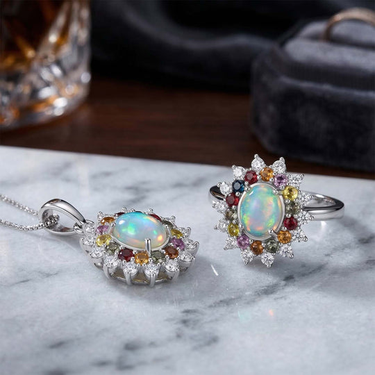 AA äthiopischer Welo Opal, Multi Saphir und Zirkon Ring und Anhänger