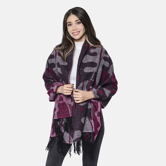 LA MAREY - 100% Lammwolle Schal, Jacquard-Blätter-Muster, 175x70+10cm, Lila