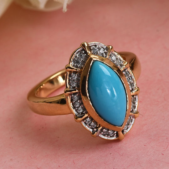 Natürlicher Sleeping Beauty Türkis und Zirkon Halo Ring 925 Silber vergoldet ca. 1,76 ct