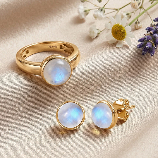 D'Joy AA Regenbogen Mondstein Ring und Ohrringe