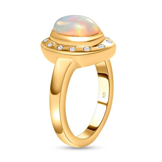 Natürlicher, äthiopischer Opal und weißer Zirkon-Ring, 925 Silber vergoldet ca. 1,17 ct