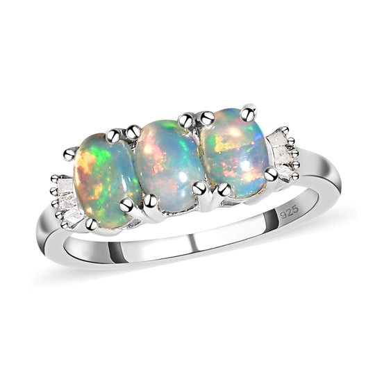 Natürlicher, äthiopischer Opal und weißer Diamant-Ring, 925 Silber platiniert ca. 1,07 ct