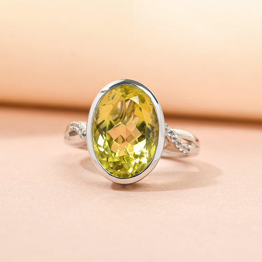 Ouro Verde-Quarz und weißer Zirkon-Ring, 925 Silber platiniert ca. 5,77 ct
