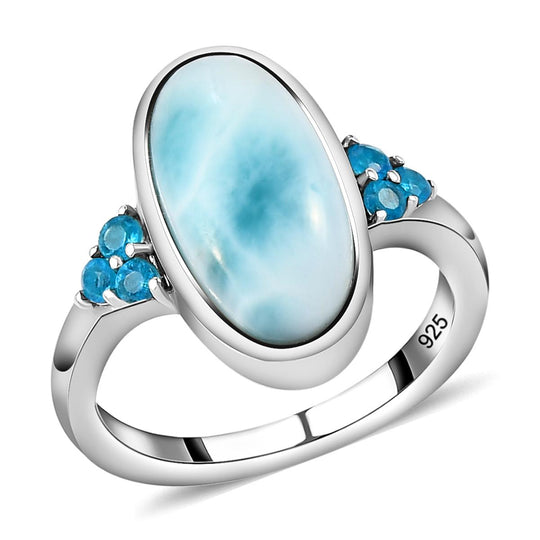 Larimar und Neon Apatit-Ring, 925 Silber platiniert ca. 6.46 ct