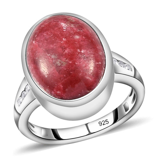 Norwegischer Thulit und weißer Zirkon-Ring, 925 Silber platiniert ca. 7.03 ct