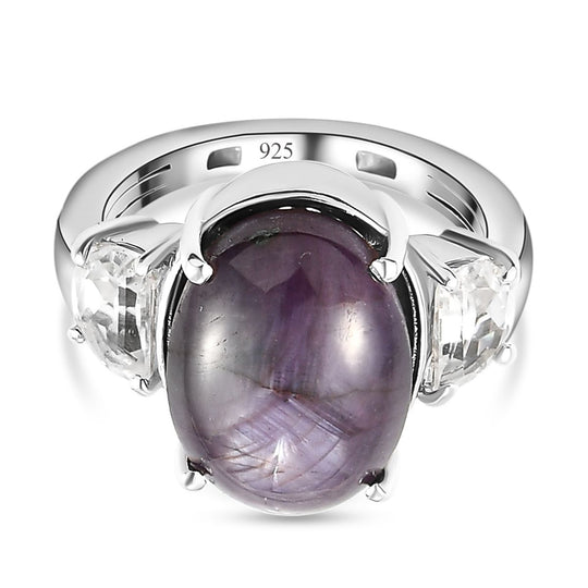 Sternrubin und weißer Zirkon-Ring, 925 Silber platiniert (Größe 20.00) ca. 10.71 ct