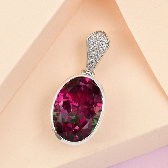Wassermelonen-Quarz-Triplette, Weißer Zirkon Anhänger 925 Silber platiniert ca. 13.73 ct