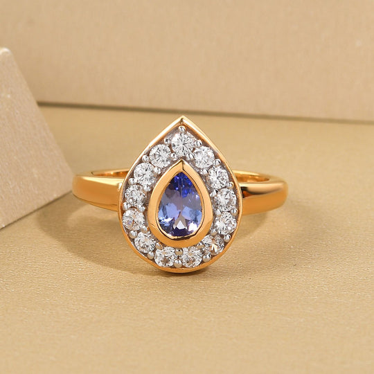 Tansanit und weißer Zirkon-Ring, 925 Silber vergoldet ca. 1.04 ct