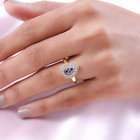 Tansanit und weißer Zirkon-Ring, 925 Silber vergoldet ca. 1.04 ct