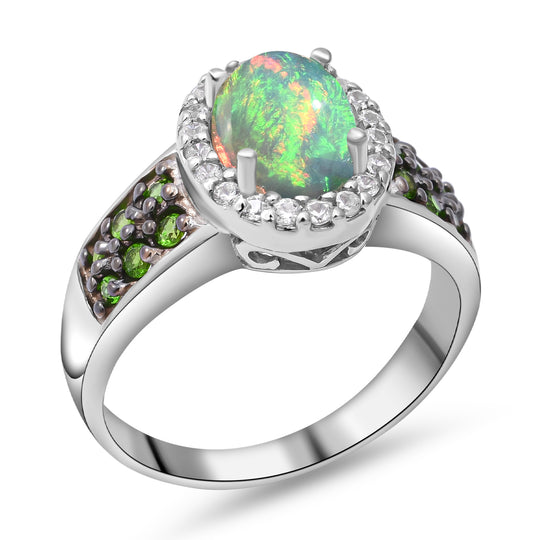 Natürlicher, äthiopischer Welo Opal und natürlicher Chromdiopsid-Ring, 925 Silber platiniert ca. 1,85 ct