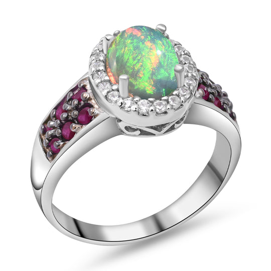 Natürlicher, äthiopischer Welo Opal und afrikanischer Rubin-Ring, 925 Silber platiniert ca. 1,97 ct