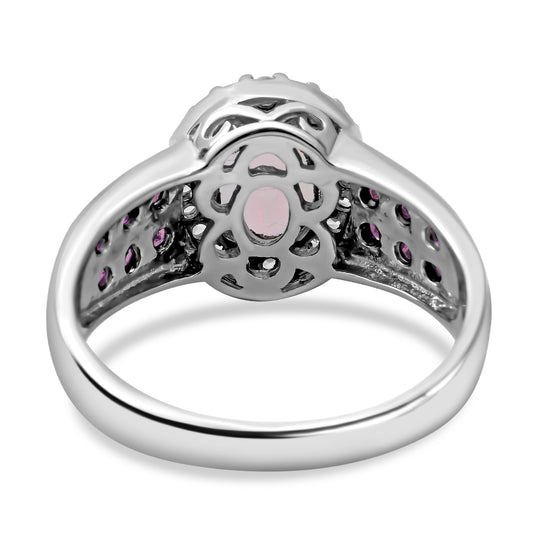 Natürlicher, äthiopischer Welo Opal und afrikanischer Rubin-Ring, 925 Silber platiniert ca. 1,97 ct