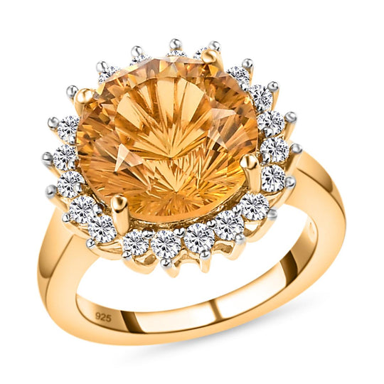 Hanabi Schliff - Citrin und weißer Zirkon-Ring, 925 Silber Gelbgold Vermeil ca. 7.72 ct